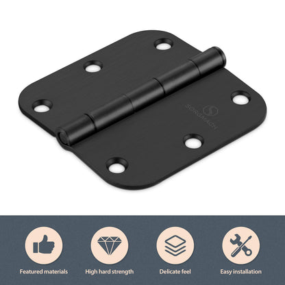 SORGMACH Door Hinge 3 1/2 Inch Interior Door Hinges Matte Black 3.5 Inch Interior Hinges 5/8" Radius Flat Iron Hinge 3 ½"x 3 ½" Door Hardware - 3 Pieces