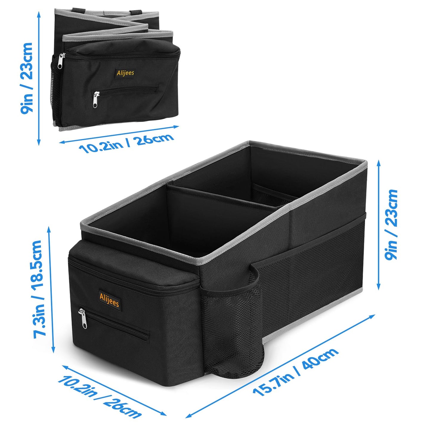 Car Organizer and Storage for Front Back Seat and Floor, Alijees Car Caddy Road Trip Essentials Kids, Automotive Travel Accessories Organization with Cup Holders, Tissue Box, Mesh Pockets