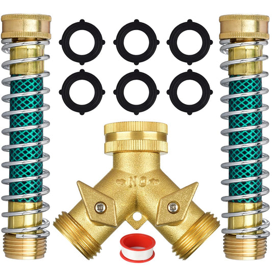 Brass Hose Splitter 2 Way, Heavy Duty Garden Hose Y Splitter with 2 Hose Protectors 6 Extra Rubber Washers