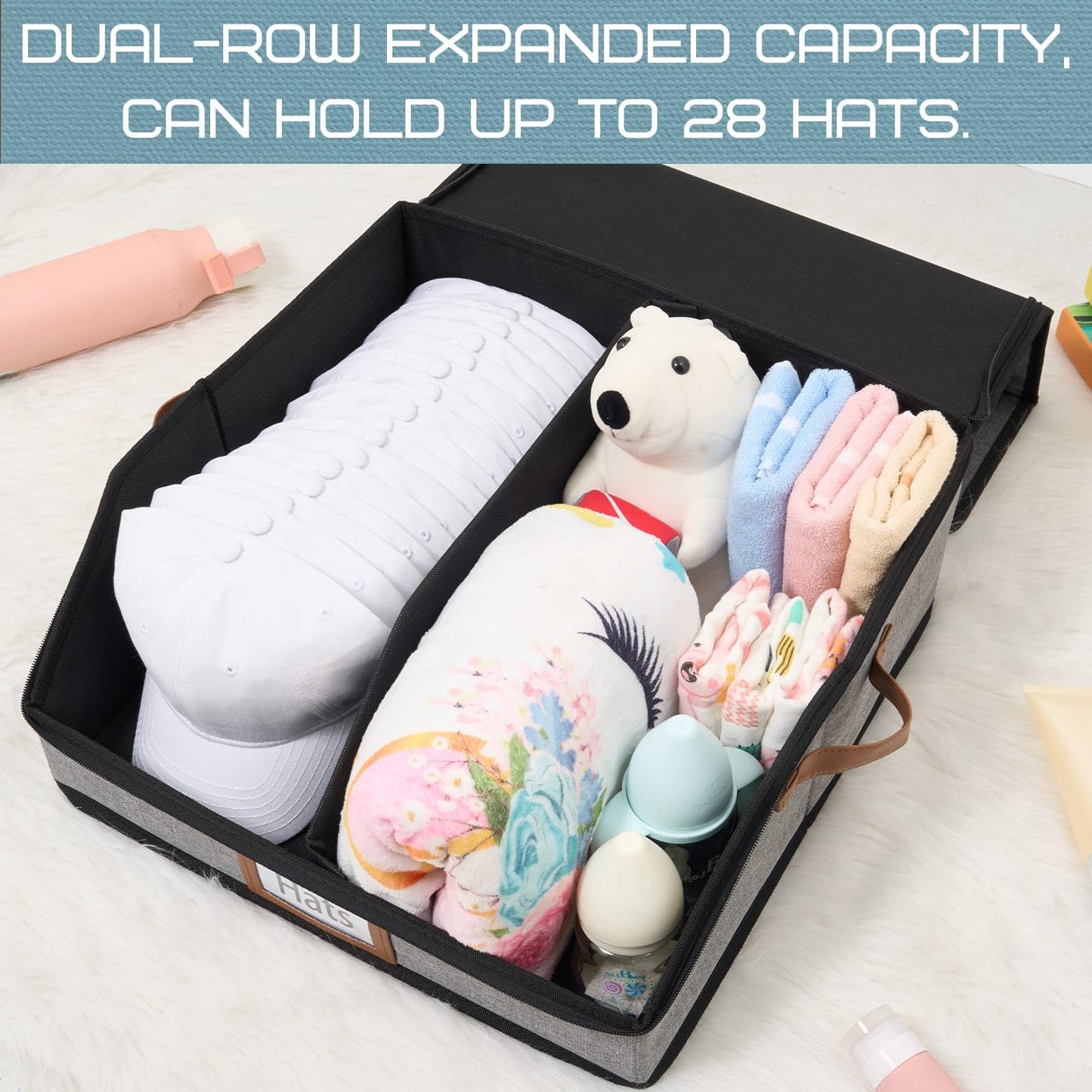 WERNNSAI Hat Storage Box for Men Women, Clear Window Hat Boxes Organizer Bag with Expanded Capacity, Holds up to 28 Hats Case with Lid for Baseball Caps Travel Closet, Grey