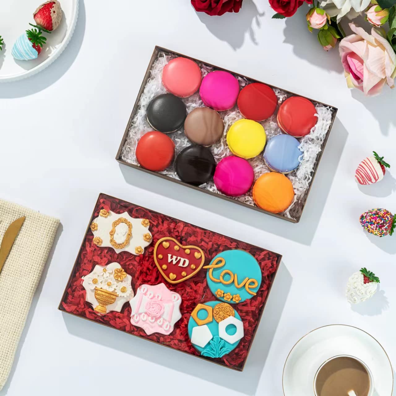 RomanticBaking 9 1/2" x 6" x 1 1/4" 24 PCS Gold Cookie Boxes Two Pieces Set with Full Window, Simplex Base with Clear Lid
