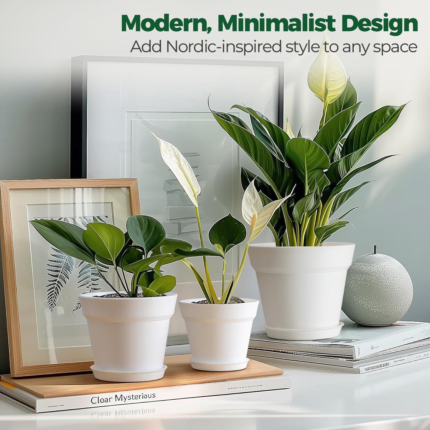 T4U 6.3 Inch Plant Pots 8 Pack, Planters with Drainage and Saucers for Gardening Enthusiasts, Indoor Outdoor Patio Decor for Snake Plants, Herbs, Aloe and Ivy(White)