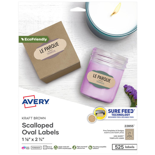 Avery Scallop Oval Labels for Laser & Inkjet Printers, 2-1/4" x 1-1/8", 525 Kraft Brown Labels (22855)