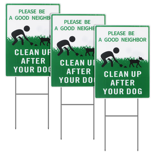 Thten Please Clean Up After Your Dog,Double Sided, Easy Install,12" x 9" Yard Sign with Metal Wire H-Stakes,Be a Good Neighbor Sign,Pick Up Your Dog Poop Signs, Dog Poop Sign 3 Pack