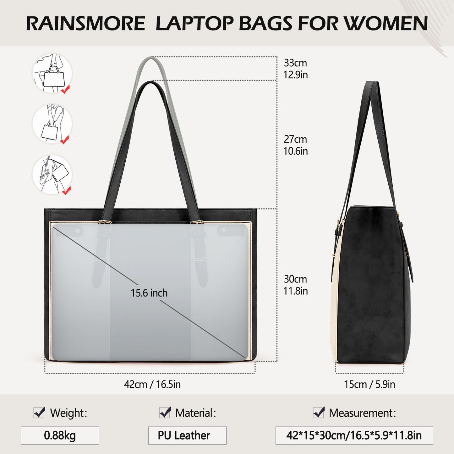 RAINSMORE Laptop Bags for Women 15.6 Inch Leather Work Tote Bags Womens Laptop Purse Waterproof Professional Laptop Briefcase for Office Computer Bag Women Travel Handbag Shoulder Bag