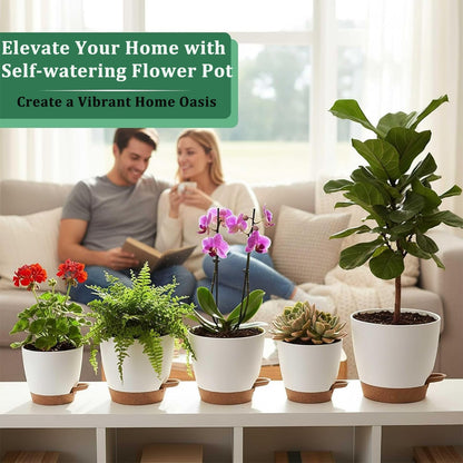 Plant Pots 7/6.5/6/5.5/5 Inch Self Watering Flower Pots Indoor Outdoor 5 Pack Plastic Planters with Drainage Holes Saucers Nursery Planting Pot for Indoor Outdoor Plants, White