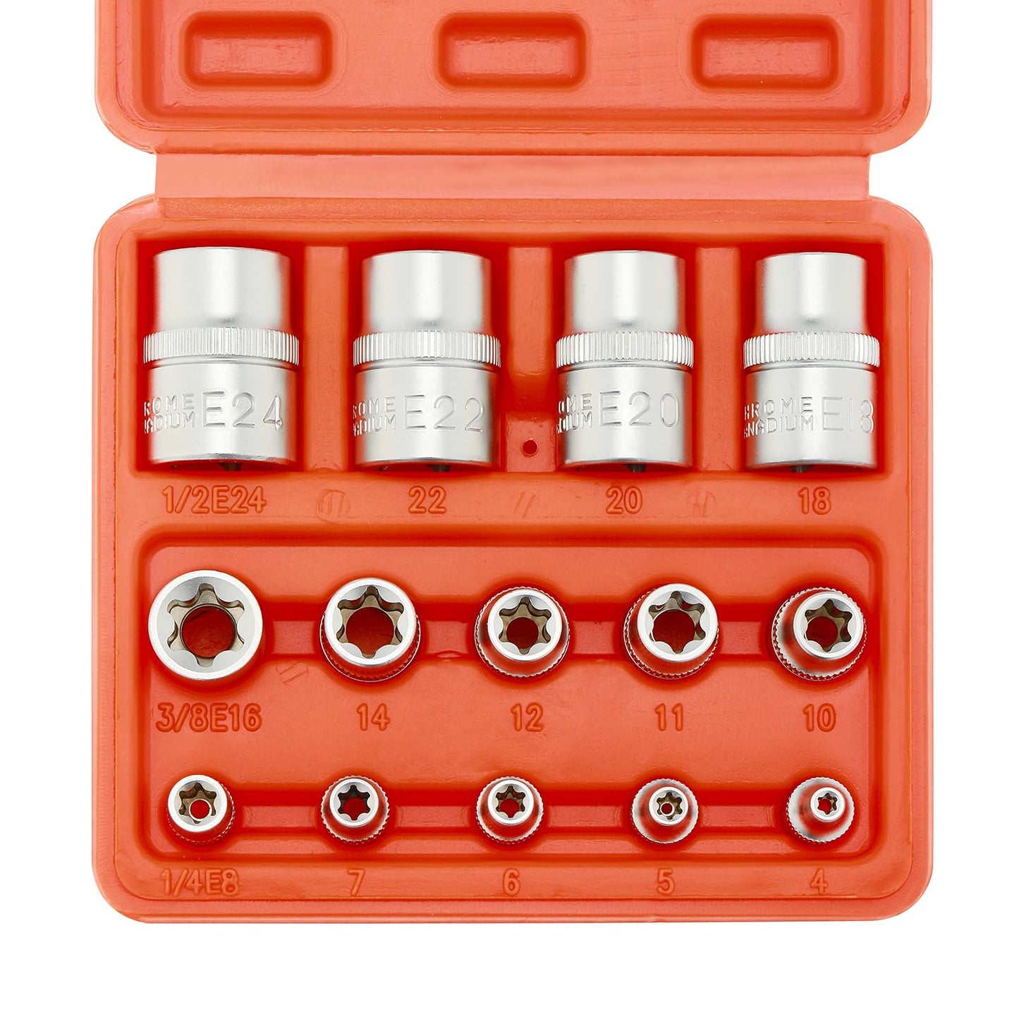 CASOMAN 14 Pieces Female E-TORX Star Socket Set, Female External Star Socket Set, E4 - E24 Torque Socket Set, 1/4" Dr. 3/8" Dr. 1/2" Dr.