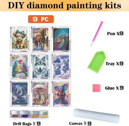 9 Pack Animals Diamond Art Kits for Adults，5D DIY Cow Elephant Dragon Diamond Painting Kits for Beginners Round Full Drill Painting with Diamonds Gem Art for Home Wall Decor 12X16Inch