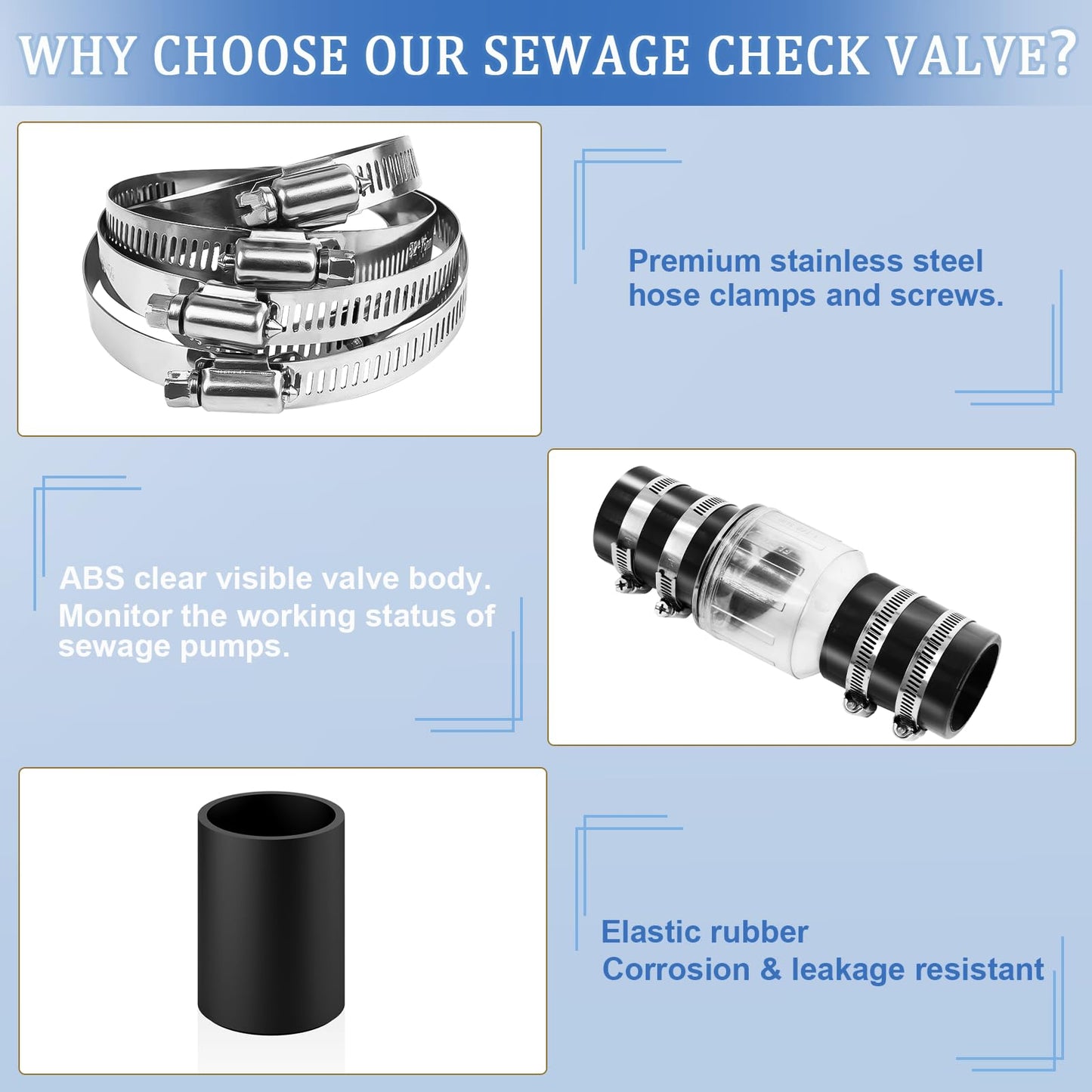 1-1/2" Silent Check Valve - CV150,Visual Sump Pump Check Valve with Buna-N Couplings & Steel Clamps - Spring Loaded Flapper for Backflow Prevention,Reduces Water Hammer Effect