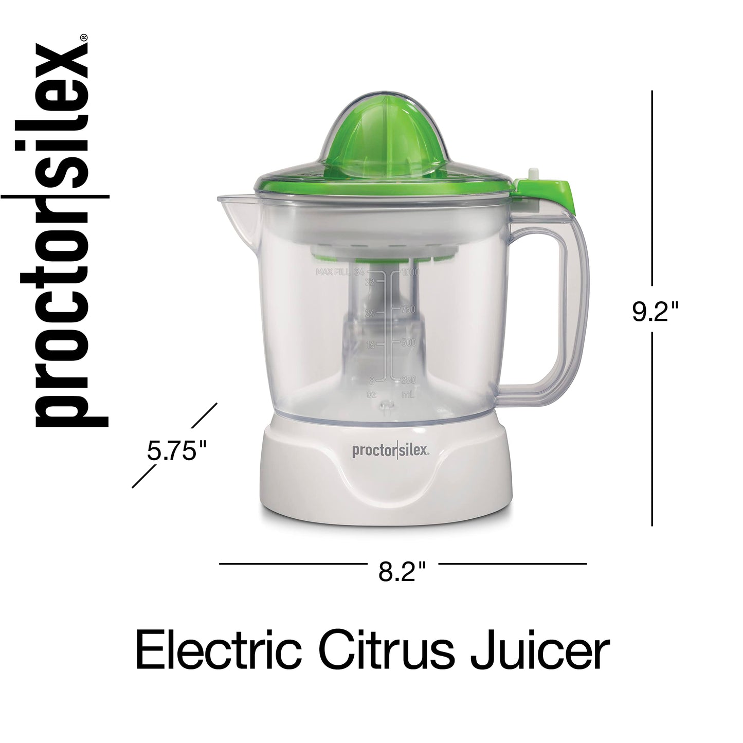 Proctor Silex Electric Citrus Juicer Machine, 34 oz., for Orange, Lemon, Grapefruit Juice, White & Green (66337)