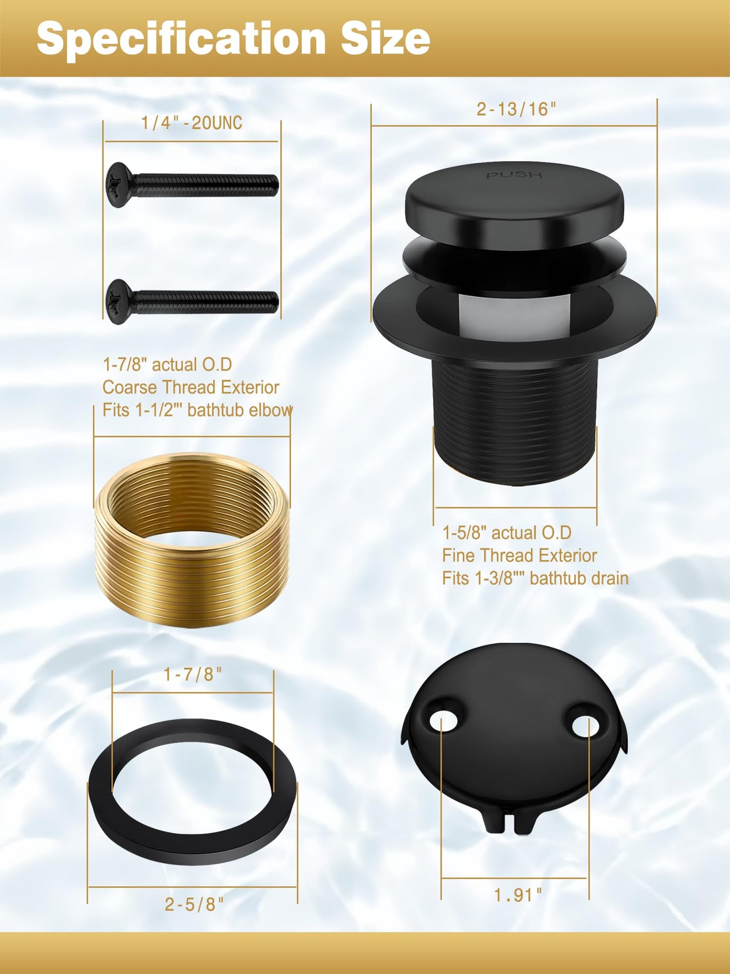 Tip-Toe Bathtub Drain Stopper, Tub Drain Set with 2-Hole Overflow Faceplate and Universal Fine/Coarse Thread, Bath Tub Plug Kit Assembly Fits 1-3/8" or 1-1/2" Bath Drain (Black)