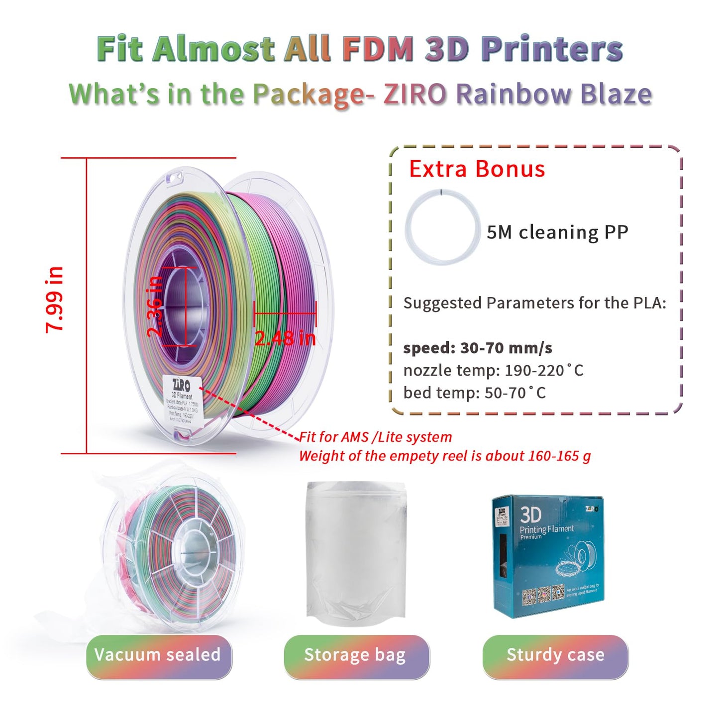 ZIRO 3D Printer Filament PLA, Fast Color Changing Filament(Matte), Color Change by Length PLA, Fit Most FDM 3D Printers, Matte Finish 1KG/ 2.2lbs Spool, Rainbow Blaze