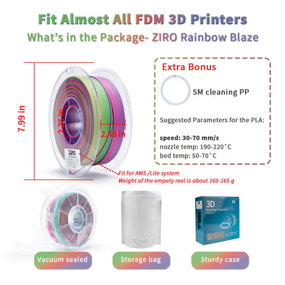 ZIRO 3D Printer Filament PLA, Fast Color Changing Filament(Matte), Color Change by Length PLA, Fit Most FDM 3D Printers, Matte Finish 1KG/ 2.2lbs Spool, Rainbow Blaze