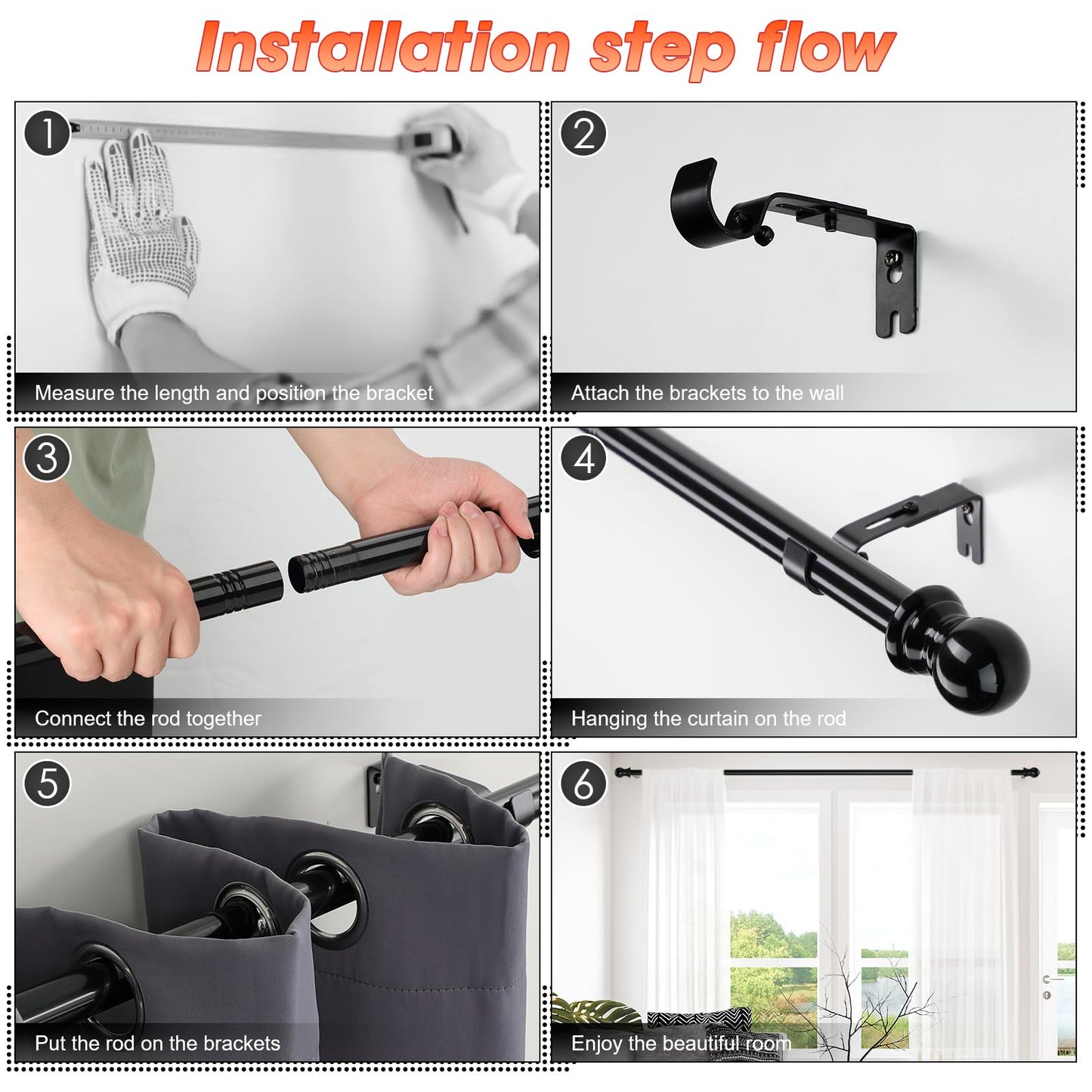 Curtain Rods for windows,1" Diameter Metal Single Adjustable Telescoping Curtain Rod with Finials (Black, 30-90")