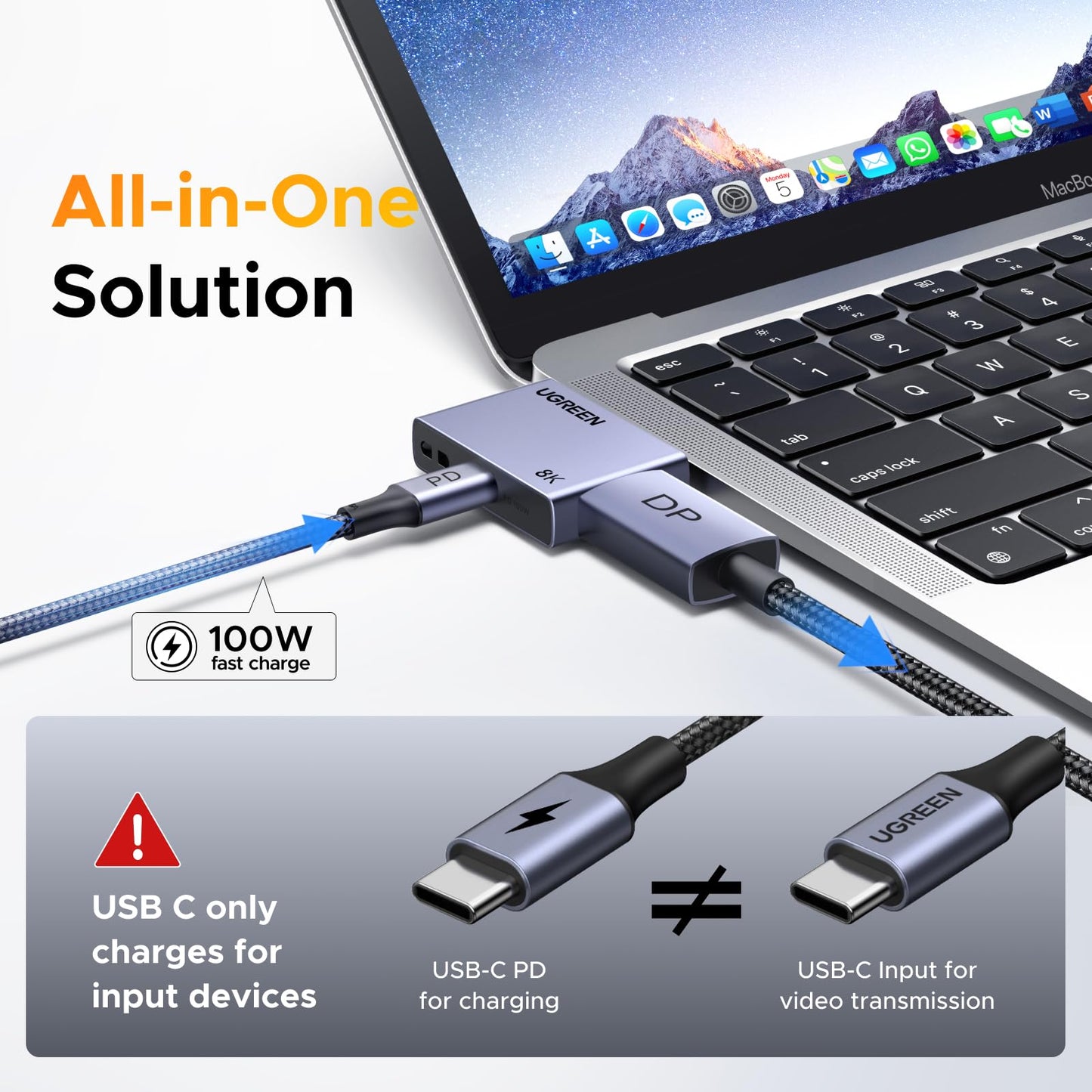 UGREEN 32.4Gbps USB C to DisplayPort 1.4 Adapter with PD 100W Fast Charging 8K@60Hz 4K@240Hz Thunderbolt 4/3 to DisplayPort Compatible with iPhone 17, MacBook Pro/Air/Mini, iPad, Galaxy, Steam Deck