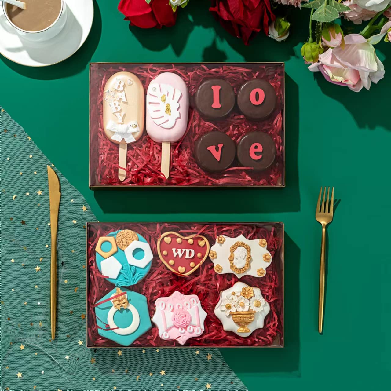 RomanticBaking 9 1/2" x 6" x 1 1/4" 24 PCS Gold Cookie Boxes Two Pieces Set with Full Window, Simplex Base with Clear Lid