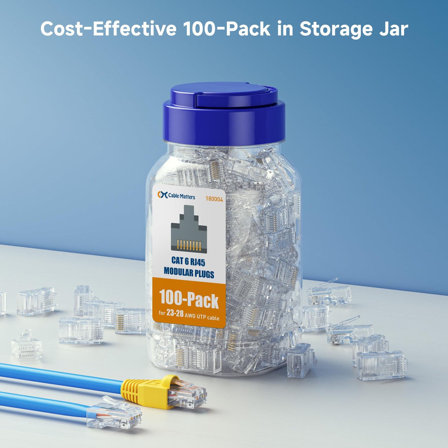 Cable Matters 100-Pack CAT6 RJ45 Modular Plugs (RJ45 Connectors / Cat6 Connector / Cat6 RJ45 Ends / RJ45 Plugs) for Solid or Stranded UTP Cable
