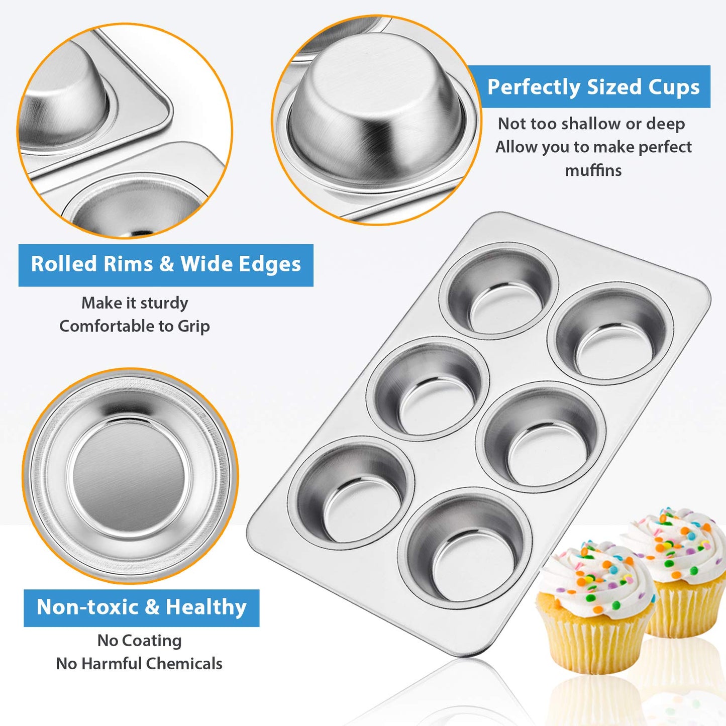 Set of 2 Stainless Steel E-far Baking Muffin Pans, Metal Cupcake Tray, Non-Toxic and Healthy, Suitable for Oven and Dishwasher, Standard Size - 29 x 18 x 3.2cm