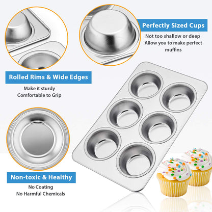 Set of 2 Stainless Steel E-far Baking Muffin Pans, Metal Cupcake Tray, Non-Toxic and Healthy, Suitable for Oven and Dishwasher, Standard Size - 29 x 18 x 3.2cm