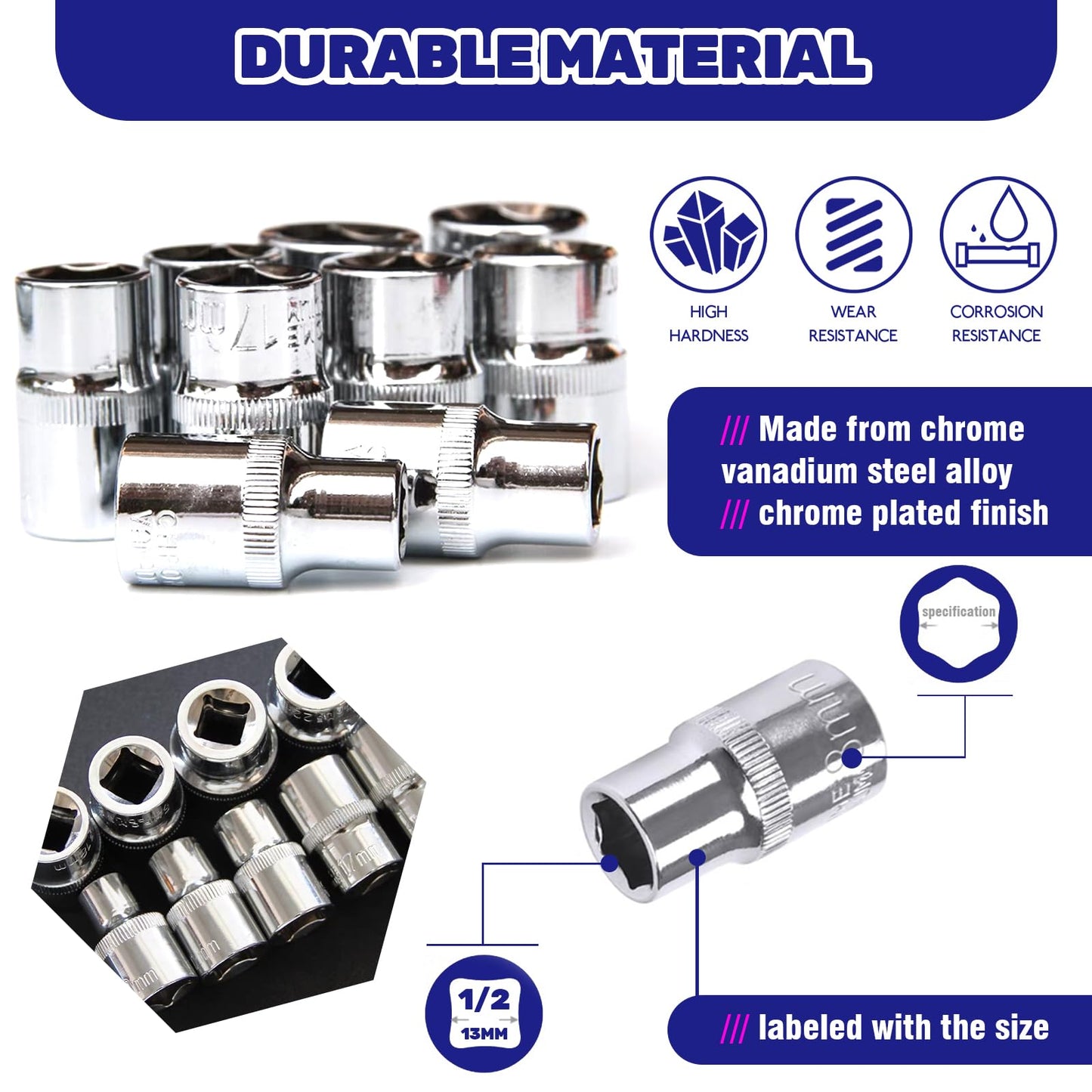 Waltool 12Pcs 1/2” Ratchet Socket Wrench Set Contains 10-24mm Sockets and 2 Way Quick Released Ratchet Handle and Extension Bar, Metric SAE Mechanic Tool Drive Socket