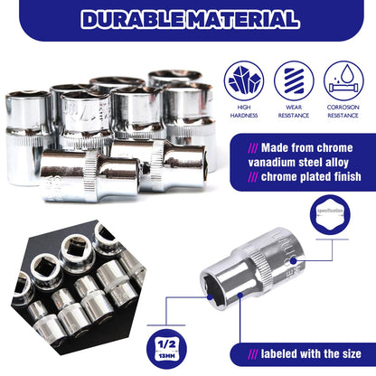 Waltool 12Pcs 1/2” Ratchet Socket Wrench Set Contains 10-24mm Sockets and 2 Way Quick Released Ratchet Handle and Extension Bar, Metric SAE Mechanic Tool Drive Socket