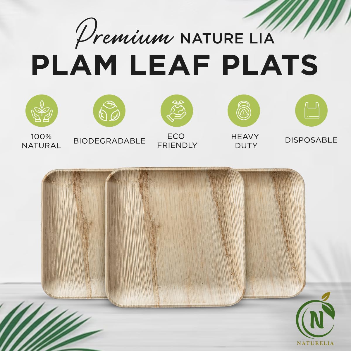 Naturelia 100% Compostable 8-Inch Palm Leaf Disposable Plates Square- Faux Wood Style Dinnerware Set, Reliable Kitchen Accessories Safe for Microwaves, Ovens and Freezers, Square Plates