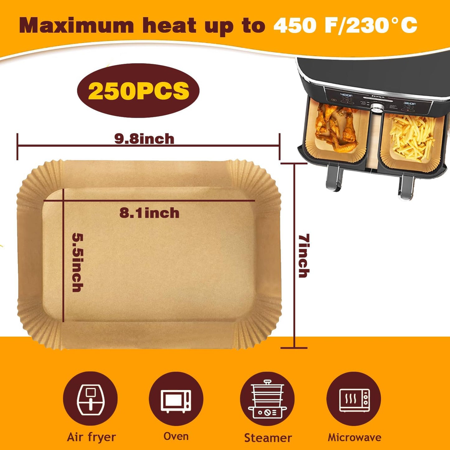 Air Fryer Liners,250PCS AirFryer Liners for Ninja,Foodi Dual Air Fryer DZ201/DZ401,Air Fryer Disposable Paper Liners,Baking Parchment Waterproof Oil Proof (250, 8.1 * 5.5)