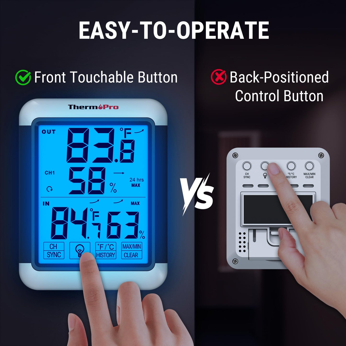 ThermoPro TP65B Digital Hygrometer Indoor Outdoor Thermometer Wireless Temperature and Humidity Monitor with Jumbo Touchscreen and Backlight Humidity Gauge, 500ft/150m Range