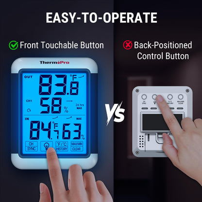 ThermoPro TP65B Digital Hygrometer Indoor Outdoor Thermometer Wireless Temperature and Humidity Monitor with Jumbo Touchscreen and Backlight Humidity Gauge, 500ft/150m Range