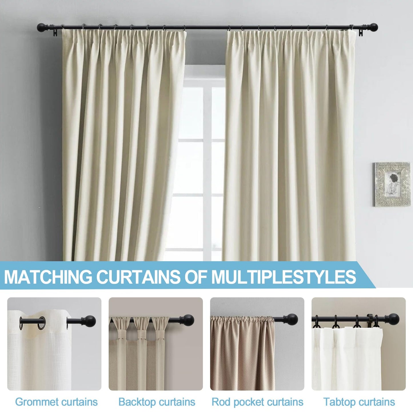 2 Pack Curtain Rods for Windows 28 to 48 Inch, 5/8 Inch Small Matte Black Curtain Rod For Bathroom, Living room, Kitchen(size：28-52 Inch)