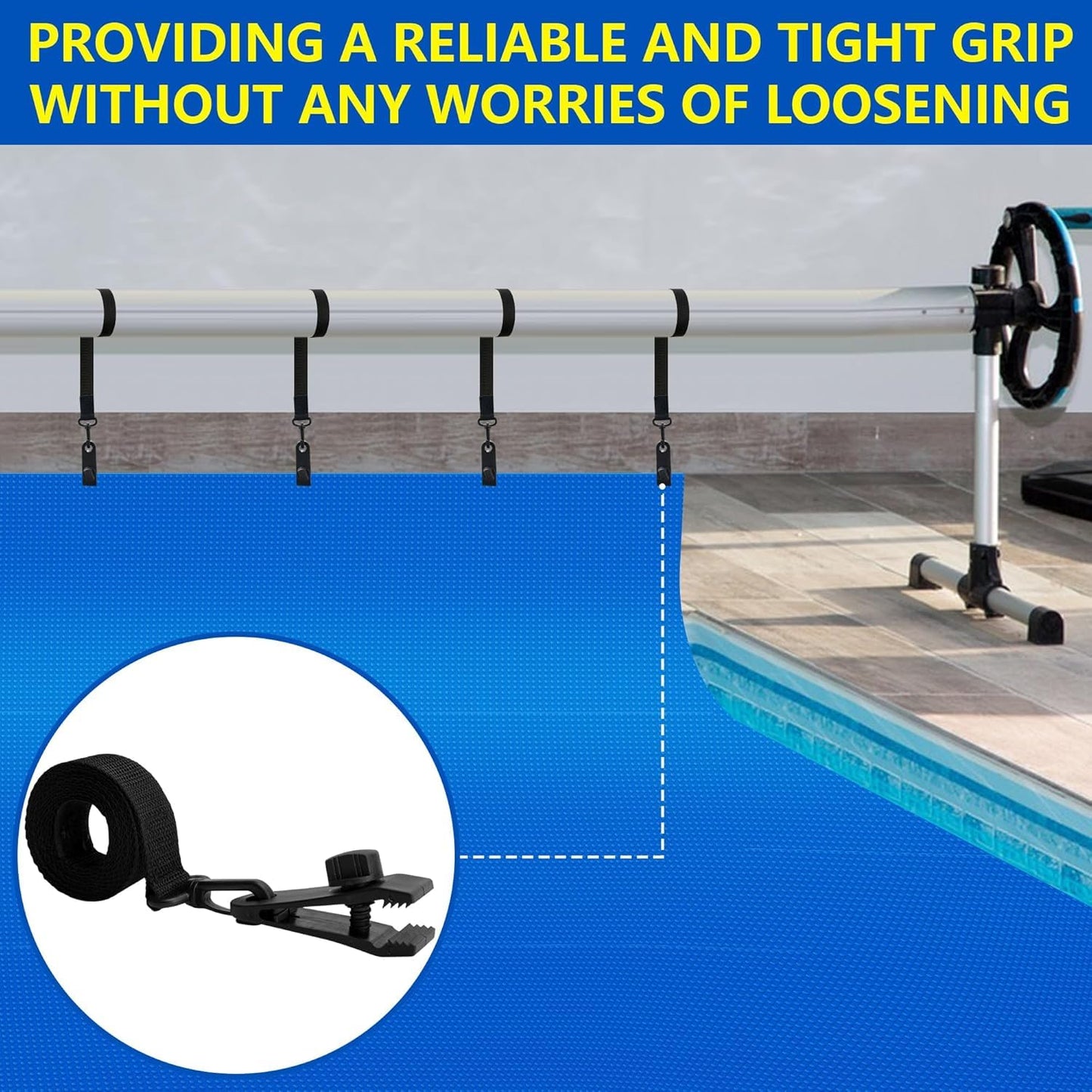 codree 36 Pcs Pool Solar Cover Reel Attachment Kit, Inground Swimming Pool Solar Cover Straps and Clips, Solar Blanket Strap Kit Including 12 Straps with Hooks, 12 Clips and 12 Touch Fastener