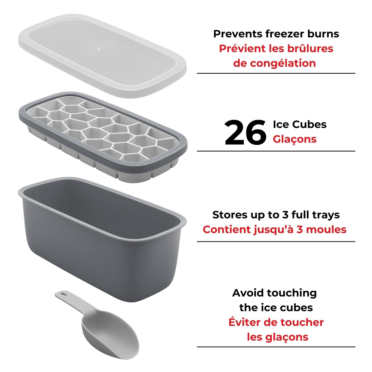 Starfrit Gourmet 4-Piece Ice Cube Set – Silicone Tray, Container and Scoop - Gray