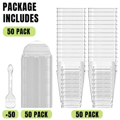 YunKo 5oz Square Clear Plastic Dessert Cups with Lids and Spoons,Mini Parfait Cups for Yogurt, Jello, Mousse,and Snacks,vasos para postres con tapa, 50 Pack