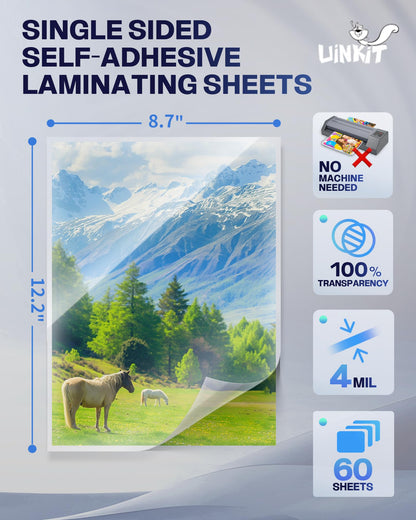 Uinkit Self-Adhesive Laminating Sheets, 4Mil 60 PCS 8.7 x 12.2 Inches Clear Self Sealing Laminating Sheets, Suitable for 8.5x11 inches Letter Size, No Machine Needed (8.7x12.2”-4Mil-60Sheets)