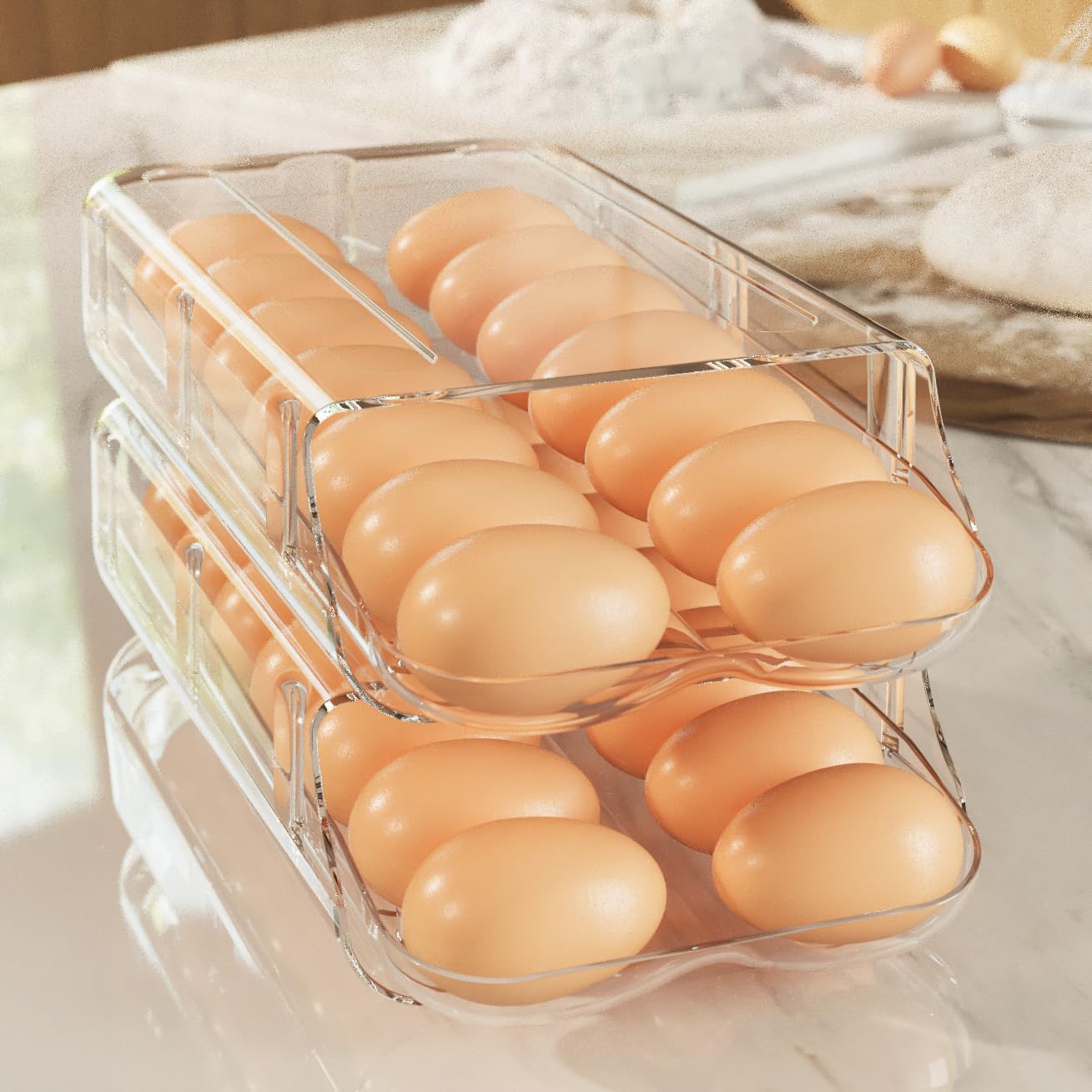 theaoo Egg Holder for Fridge, Automatic Rolling Egg Container for Refrigerator, Clear Plastic Egg Dispenser, Stackable Eggs Organizer with Quick Removable inner Tray For Organizers and Storage, 2Pack