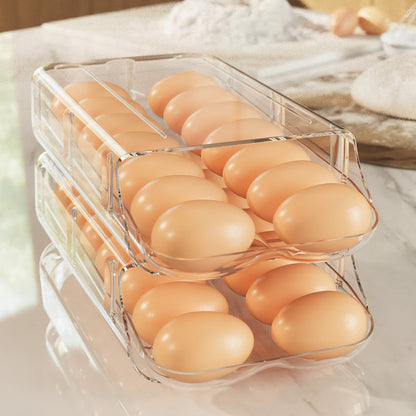 theaoo Egg Holder for Fridge, Automatic Rolling Egg Container for Refrigerator, Clear Plastic Egg Dispenser, Stackable Eggs Organizer with Quick Removable inner Tray For Organizers and Storage, 2Pack