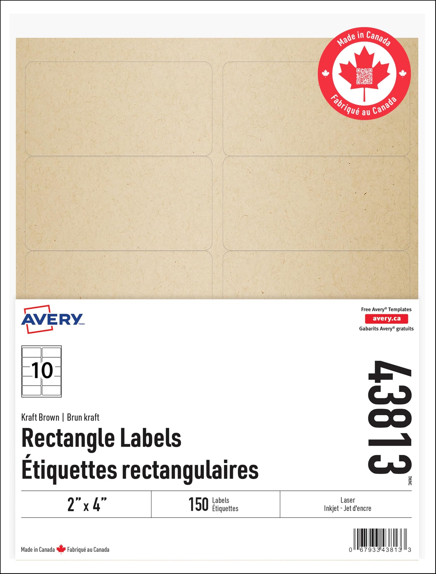 Avery Kraft Brown Rectangle Labels, 2" X 4", for Laser/Inkjet Printers, 10UP Kraft Brown Stickers, 150 Labels, Permanent (43813) Made in Canada