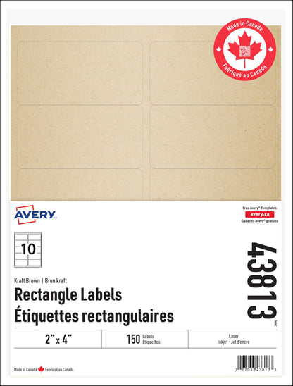 Avery Kraft Brown Rectangle Labels, 2" X 4", for Laser/Inkjet Printers, 10UP Kraft Brown Stickers, 150 Labels, Permanent (43813) Made in Canada