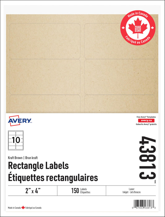 Avery Kraft Brown Rectangle Labels, 2" X 4", for Laser/Inkjet Printers, 10UP Kraft Brown Stickers, 150 Labels, Permanent (43813) Made in Canada