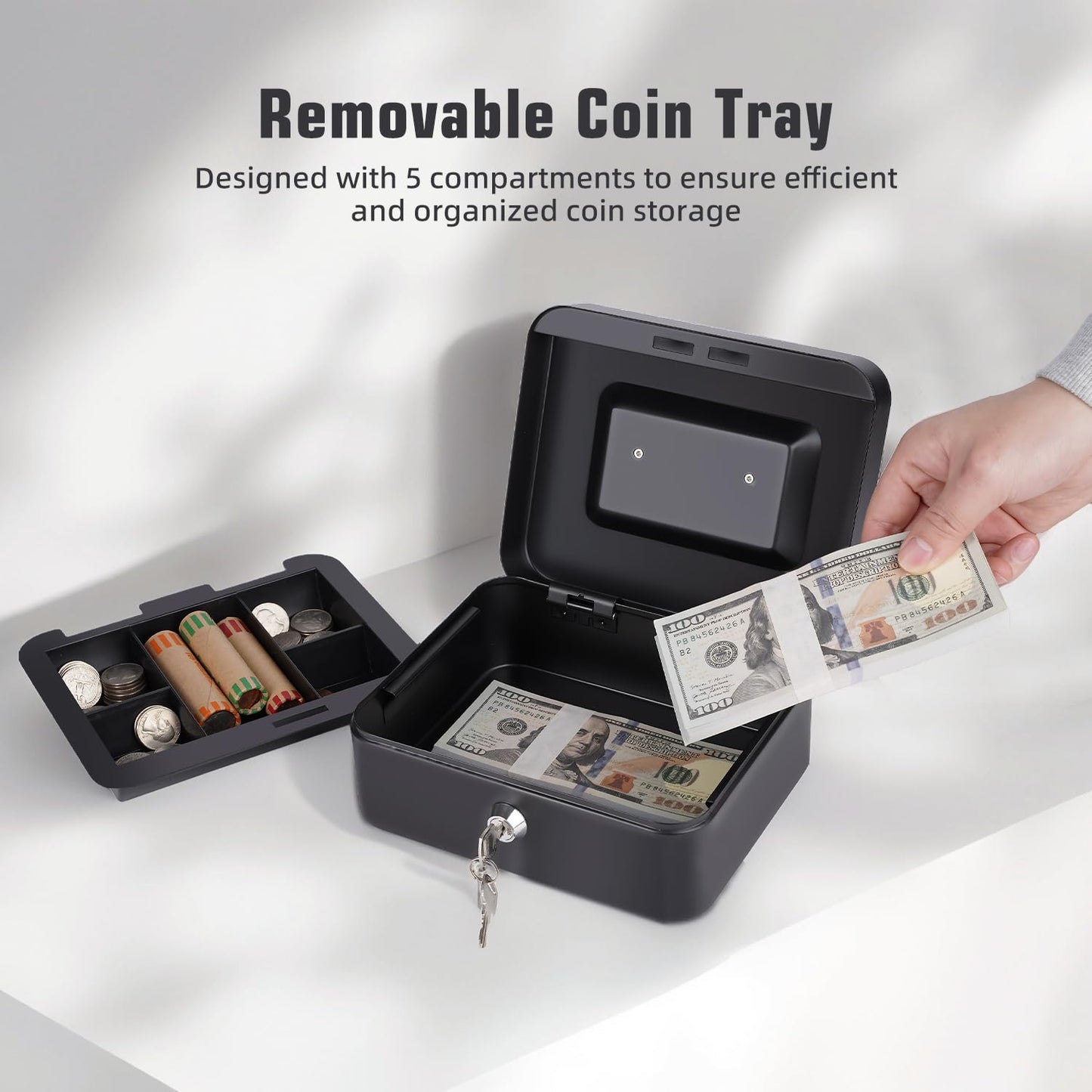 Cash Box with Money Tray and Lock Small Cash Box with Key Lock Box for Money 7.87 x 6.3 x 3.54 Inches Black