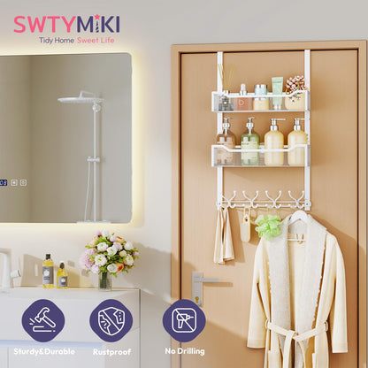 SWTYMIKI Over The Door Hook with 16 Hooks & 2 Mesh Baskets - Heavy Duty Over The Door Organizer Hanger for Towels, Coats, Clothes - Space Saving Hanging Rack for Bathroom, Living Room, White