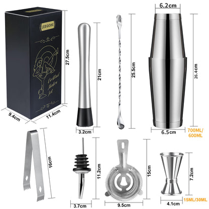 Boston Cocktail Shaker Set|8pcs Cocktail Making Set Stainless Steel Shakers|Bartender Kit Bar Tool Set with Strainer, Pourers, Muddler, Double Jigge (Boston Cocktail Shaker)