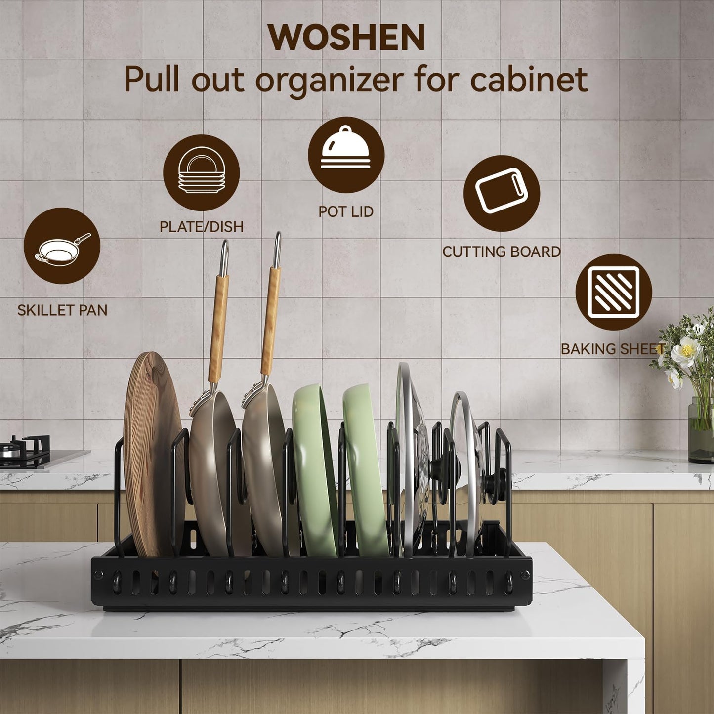 Pull Out Pots and Pans Organizer Under Cabinet - Sliding Lid Holder & Pan Rack with 8 Adjustable Dividers, Easy Access Kitchen Storage for Lids, Bakeware, Dishes (Tool-Free Installation)