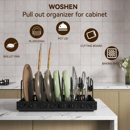 Pull Out Pots and Pans Organizer Under Cabinet - Sliding Lid Holder & Pan Rack with 8 Adjustable Dividers, Easy Access Kitchen Storage for Lids, Bakeware, Dishes (Tool-Free Installation)