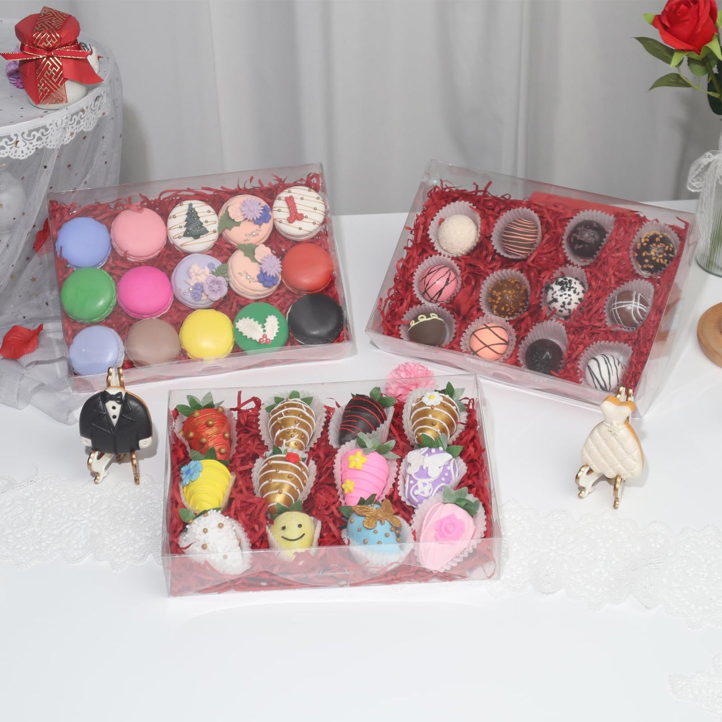 RomanticBaking 20Pcs 10x7x2Inch Clear Chocolate Covered Strawberries Boxes Cookies Boxes Chocolate Truffle Boxes Bakery Boxes Cakesickle Macaron Treat Boxes for Christmas Valentine's Mother's Day