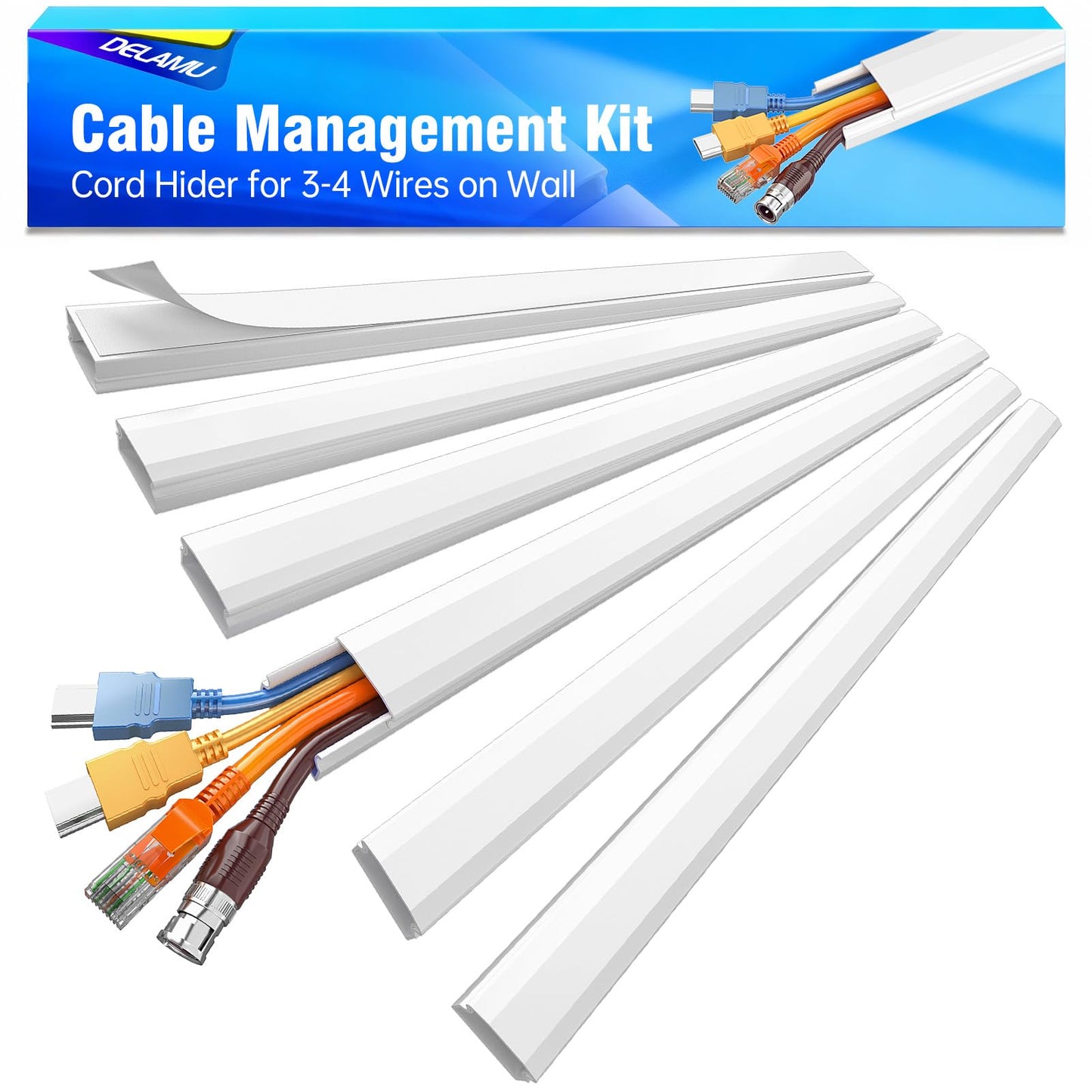 Delamu Cord Hider Wall Kit, 85in Paintable Wire Covers for Wall Mounted TV, Easy to Install Cable Hider for Cords on Wall, Wall Cable Concealer & Cord Management System, 6X L14.2 W1.18 H0.5in, White