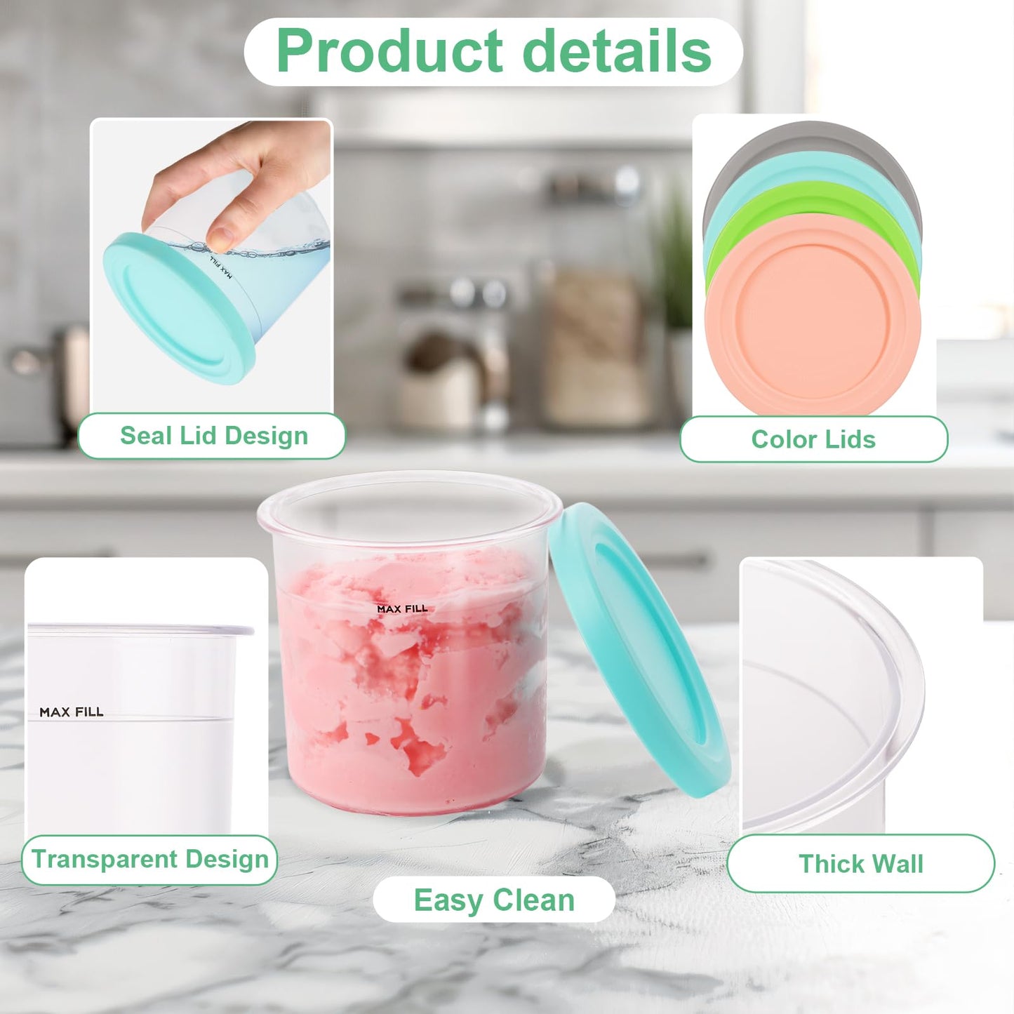 4 Pack Creami Pint & Lids for Ninja, 16oz Pint Containers Compatible with Ninja NC299 NC300 NC301 Series Creami Maker Machine Accessories, BPA Free & Dishwasher Safe