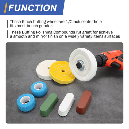 SCOTTCHEN 4inch Buffing Polishing Wheel with 1/4" Shank for Drill, 1/2" Arbor Hole,Soft/Fine/Medium -3pcs,with Buffing Polishing Cutting Compounds 7.4 Oz.Kit,with 2 Pack Non-Woven Bandage