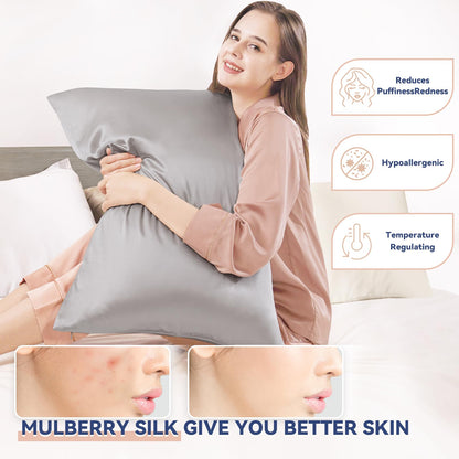 100% Mulberry Silk Pillowcase Pure,21 Momme Both Side Real Silk Pillowcases Hidden Zippered Slip Silk Pillowcase Hypoallergenic Soft Breathable for Hair, Skin and Good Sleep（Grey, Standard：20"x26"）