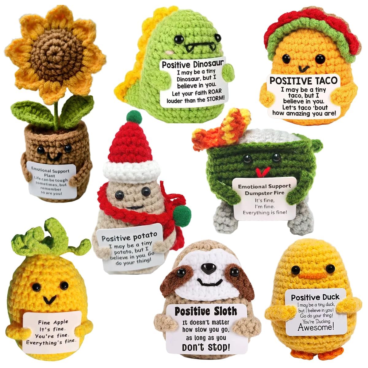 8Pcs Emotional Support with Positive Card, Handmade Crochet Knitted Dumpster Fire Doll, Dumpsters Firing Ornaments Gift